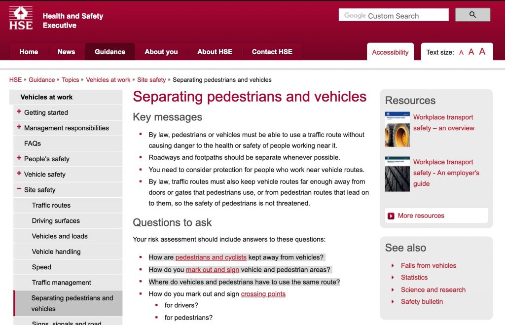 HSE guidance on separating pedestrians and vehicles